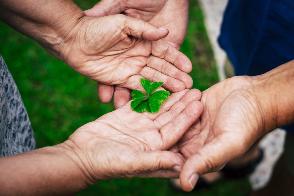 An elderly couple's hands are held upwards, palm out, holding what appears to be a large and open four leaf clover.